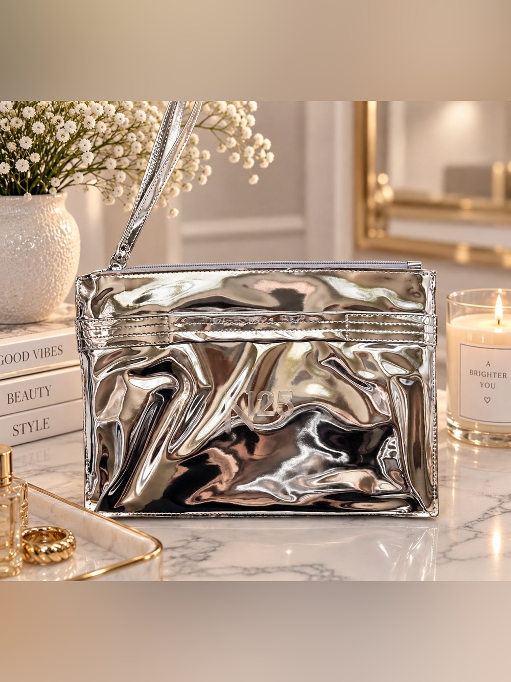 Silver Metallic Wristlet Clutch cosmetic pouch